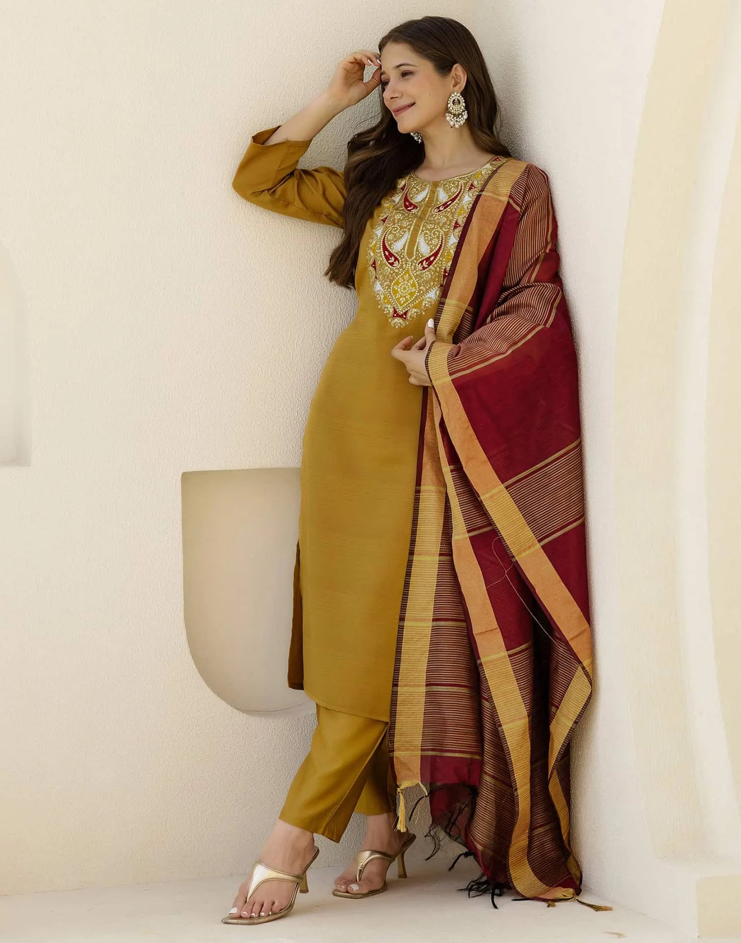 Affordable Yellow Silk Embroidered Straight Kurta Set under 999