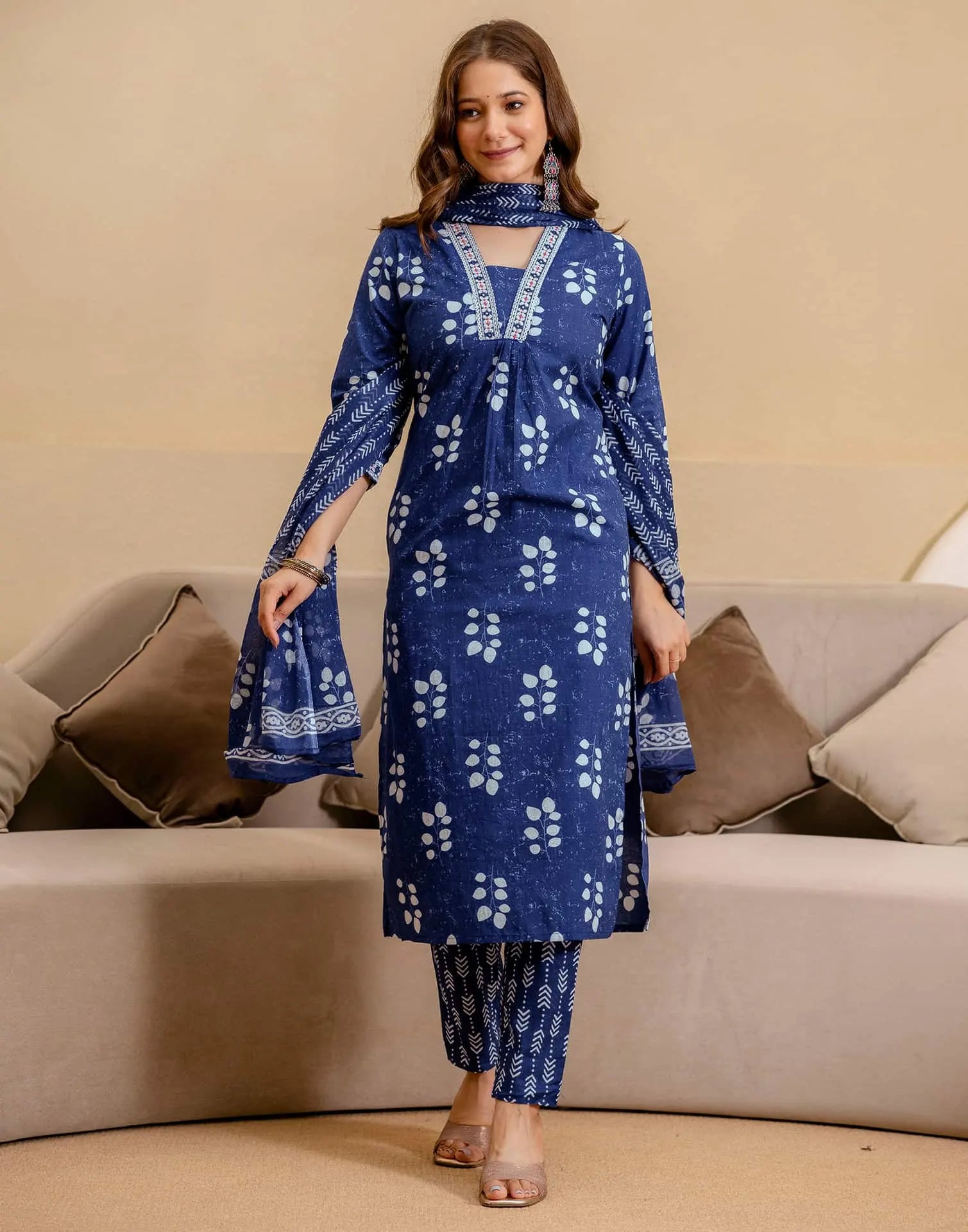 Dark Blue Cotton Printed Straight Kurta with Pant & Dupatta for Women