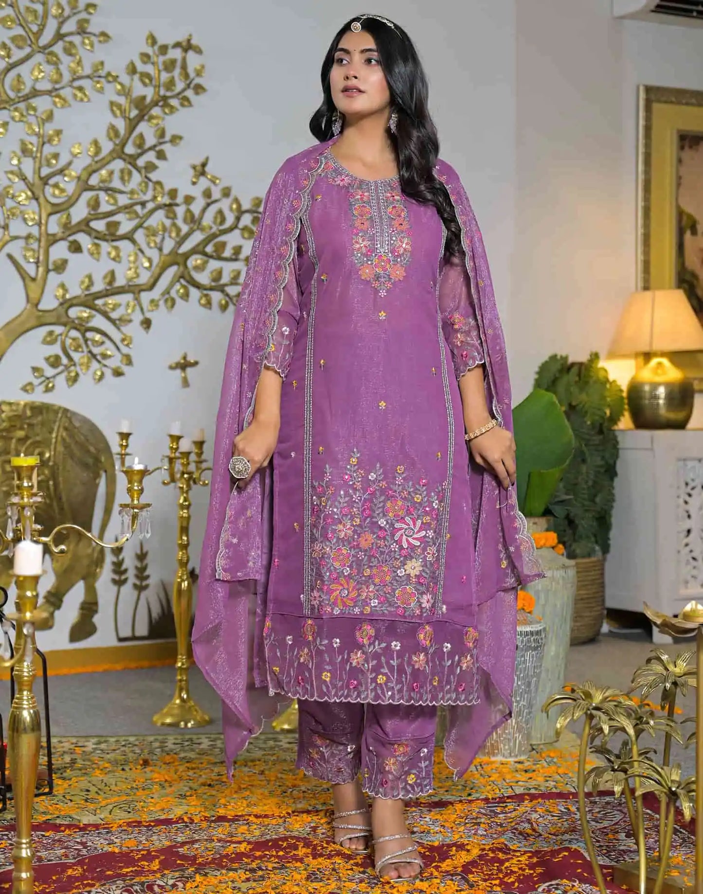 Shimmer Chiffon Straight Embroidery Round Neck Kurta with Pant & Dupatta