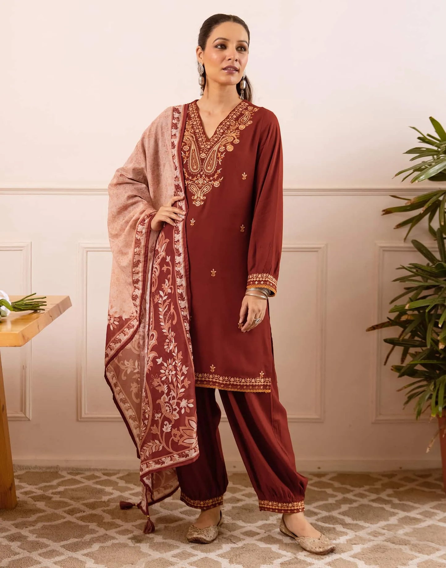 Rayon Straight Embroidery V-Neck Kurta with Pant & Dupatta