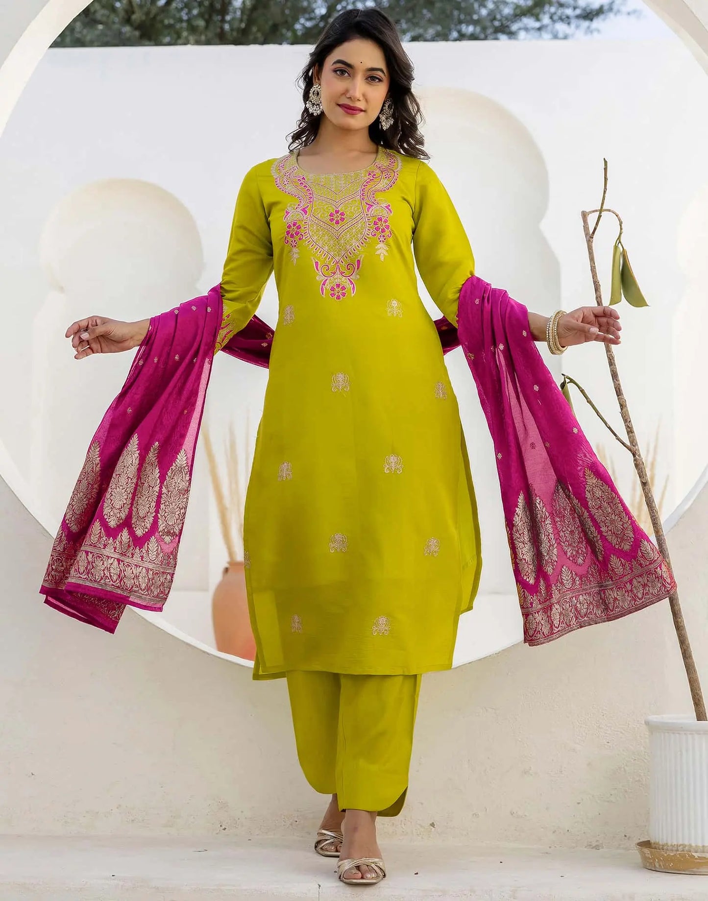 Silk Blend Embroidery Work and Embroidery Lace Straight Kurta with Pant & Dupatta
