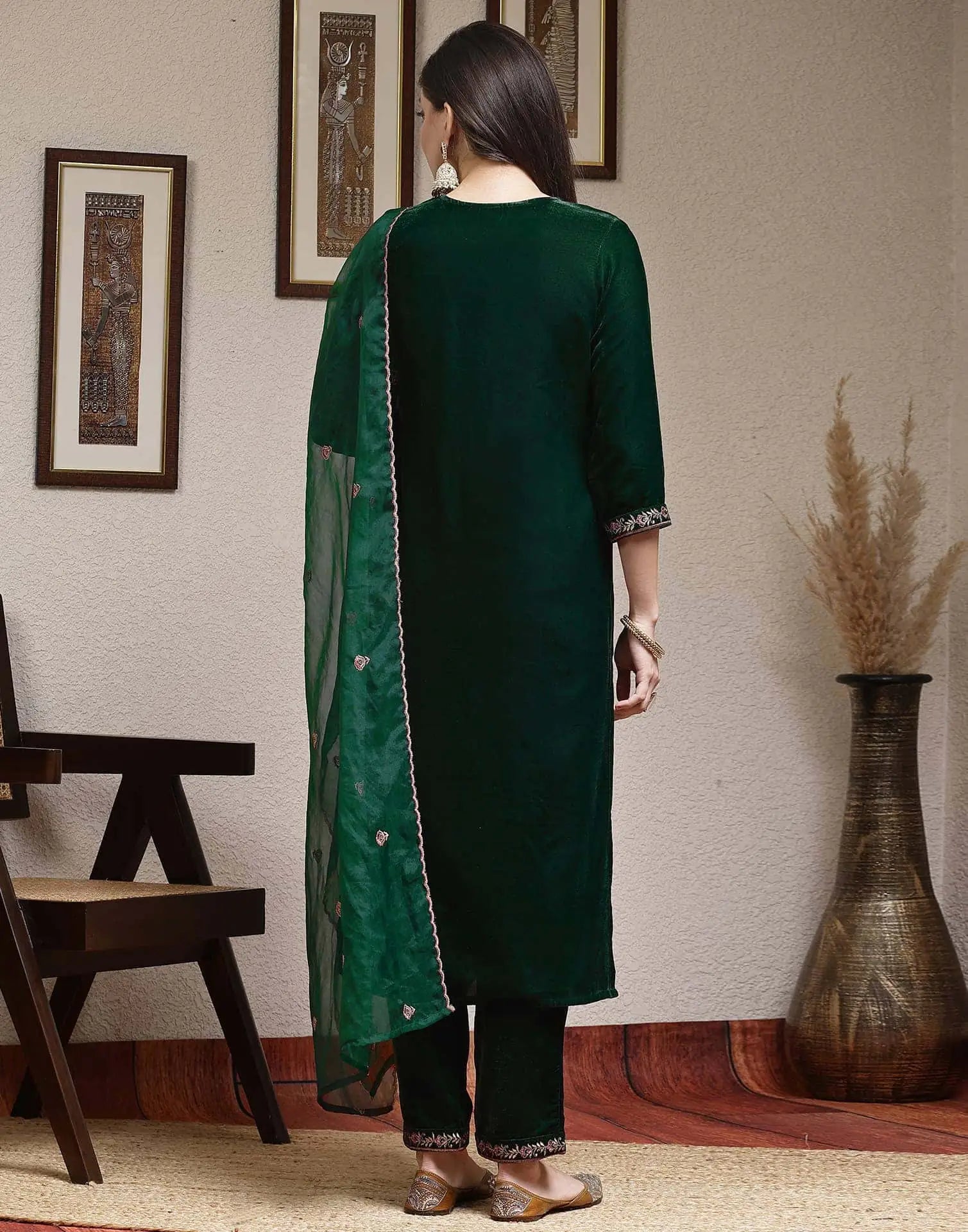 Affordable Dark Green Velvet Kurta Set with dupatta 