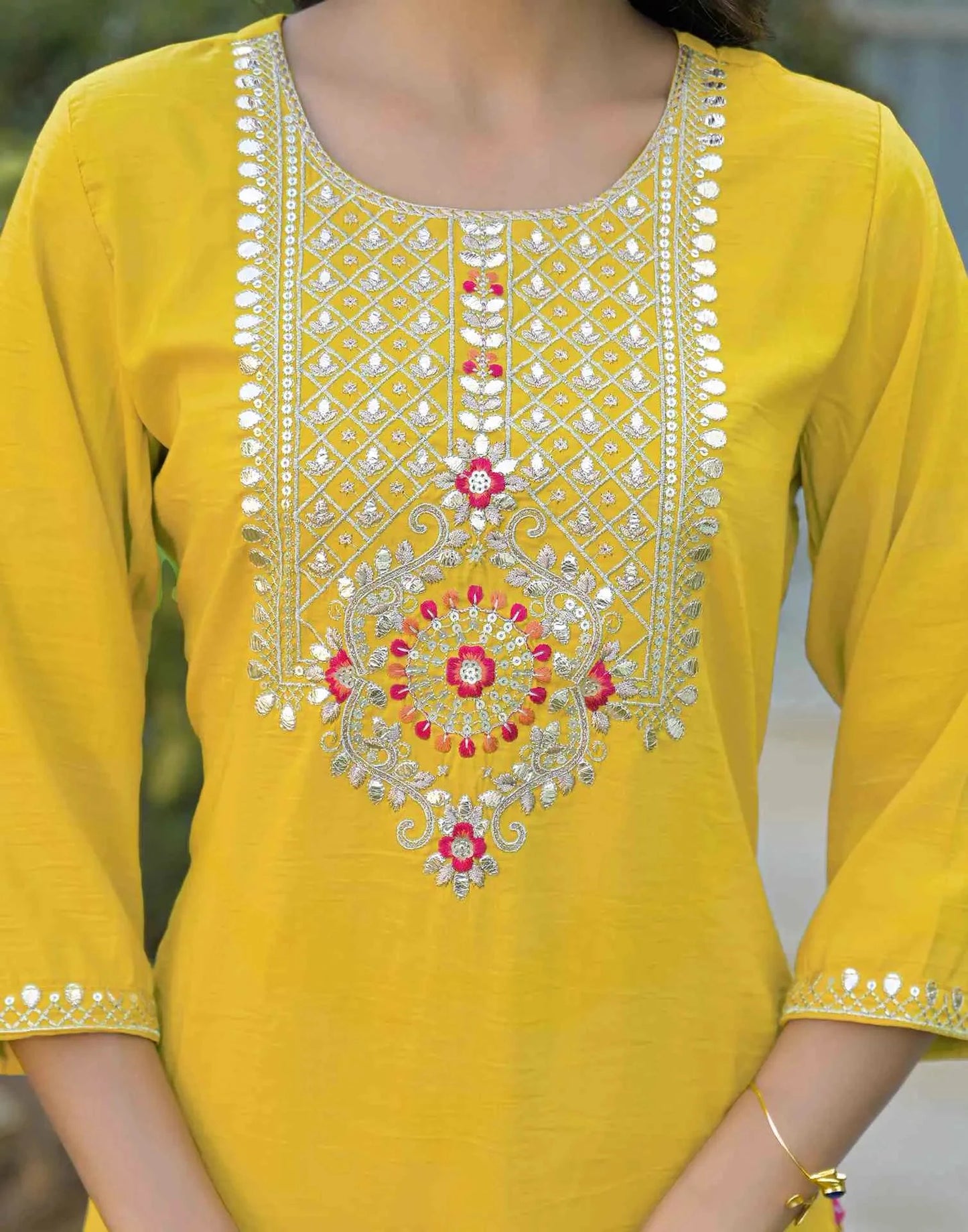 Silk Embroidered Straight Round Neck Kurta with Pant & Dupatta