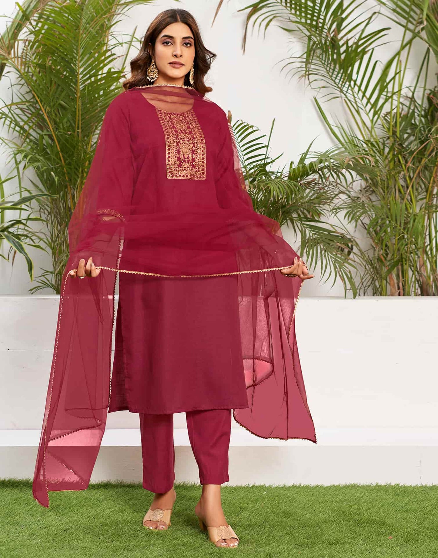 Cotton Blend Sequence Embroidery Work and Embroidered Lace Straight Kurta with Pant & Dupatta