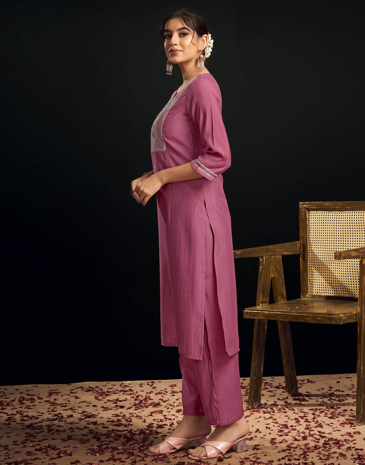 Silk Blend Embroidered Straight Kurta with Pant & Dupatta