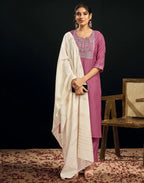 Silk Blend Embroidered Straight 3 Piece Kurta Set