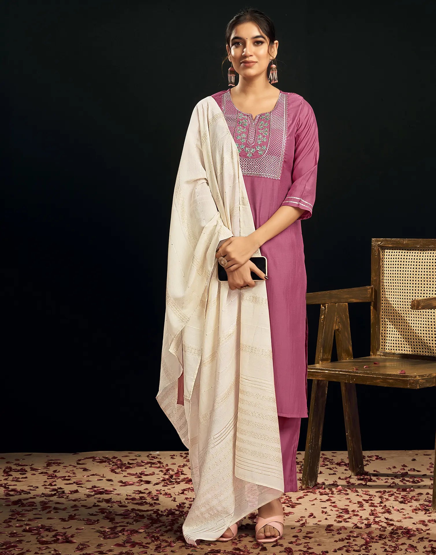 Silk Blend Embroidered Straight 3 Piece Kurta Set
