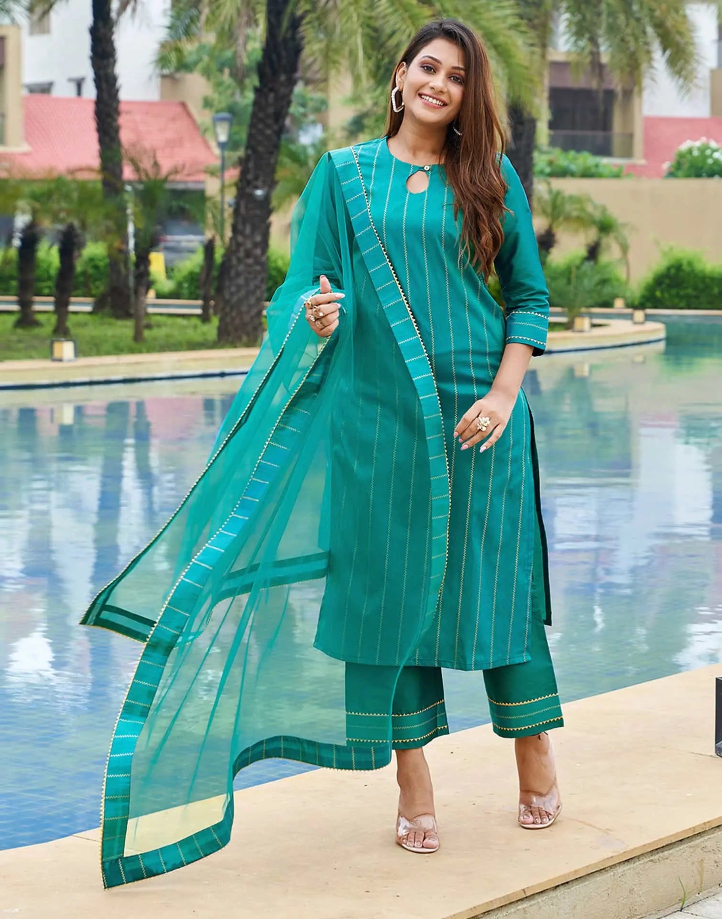 Silk Blend Foil Print and Lace Straight Kurta with Pant & Dupatta