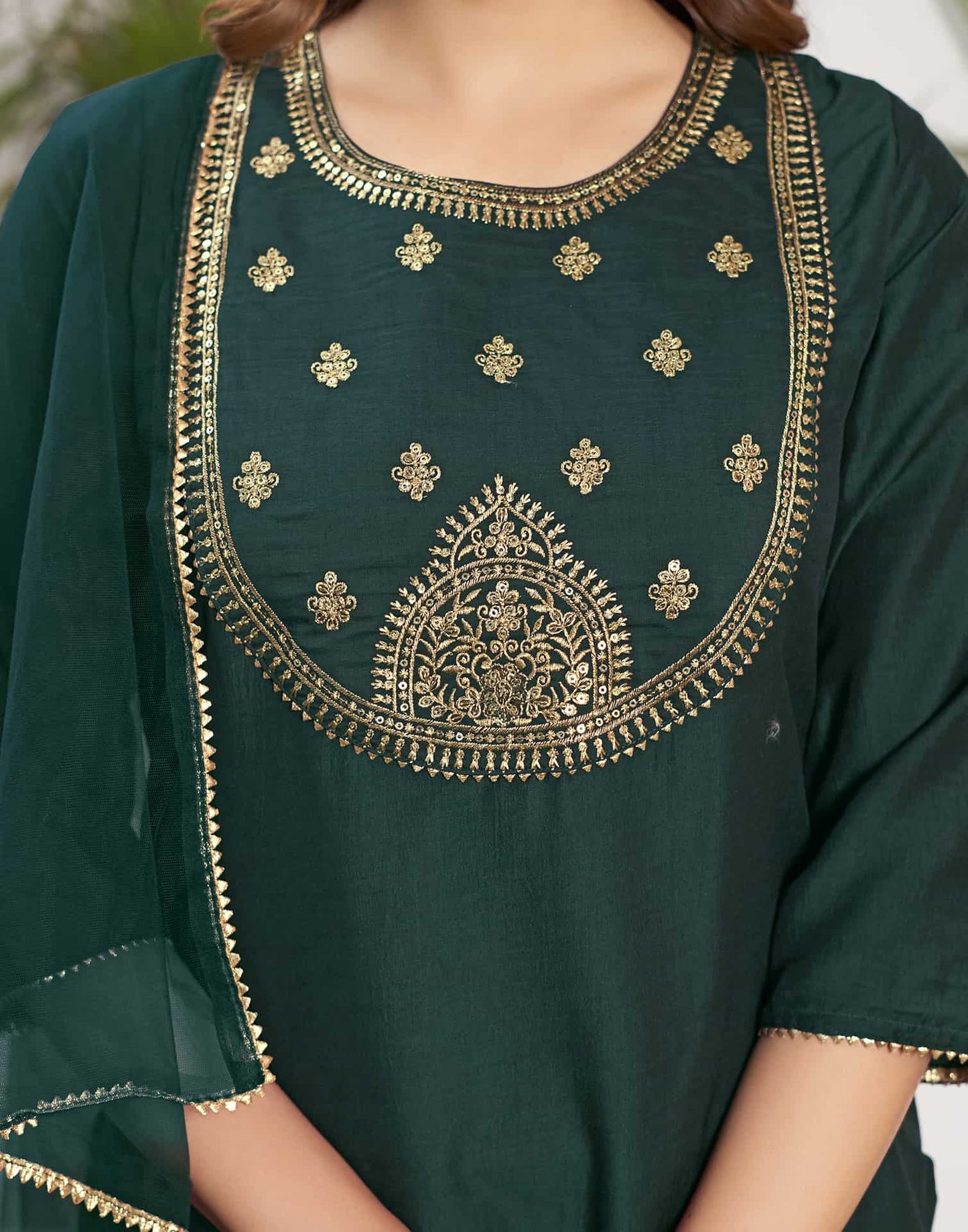 Silk Blend Dyed, Sequence Work and Lace Straight Kurta with Pant & Dupatta