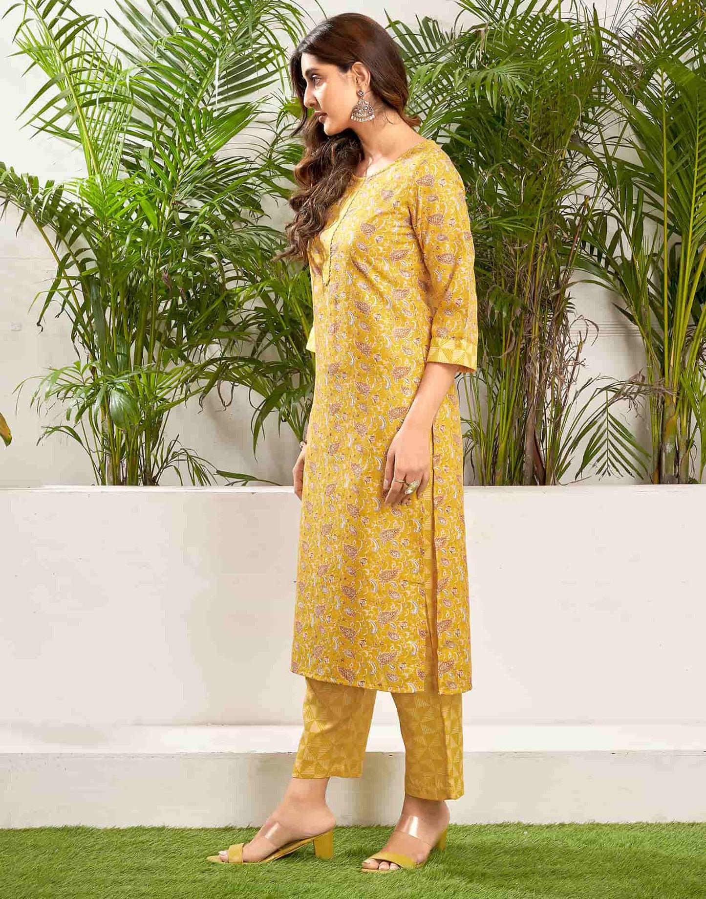Cotton Blend Foil Printed and Gota Lace Straight Kurta with Pant & Dupatta