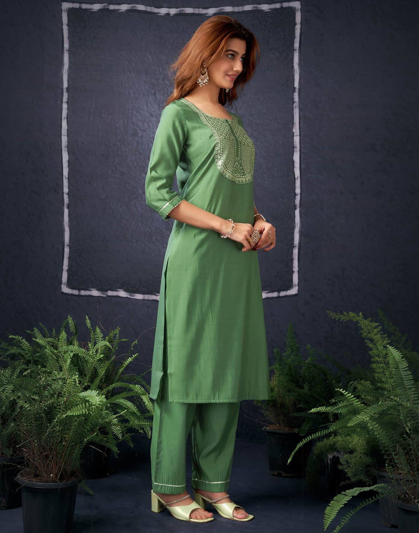 Silk Blend Embroidered Straight Kurta with Pant & Dupatta