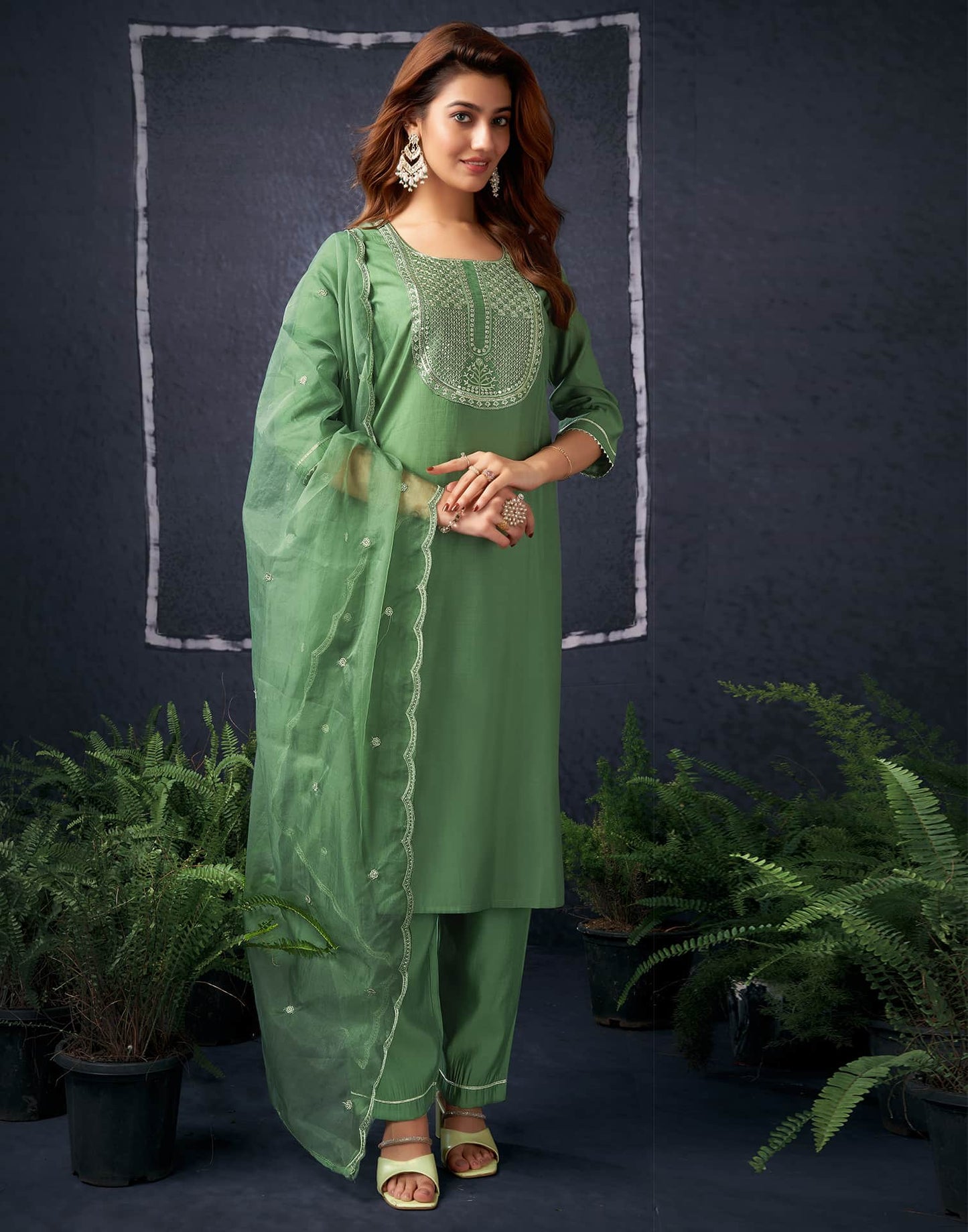 Silk Blend Embroidered Straight Kurta with Pant & Dupatta
