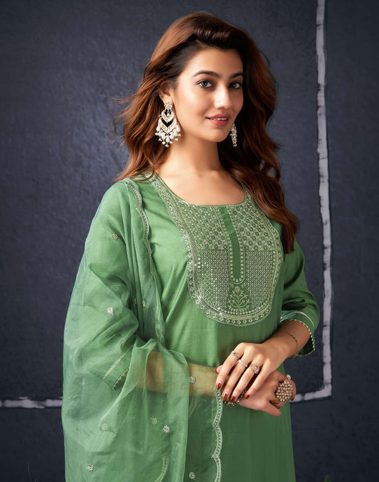 Silk Blend Embroidered Straight Kurta with Pant & Dupatta