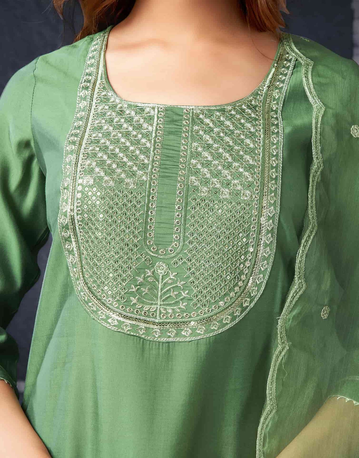 Silk Blend Embroidered Straight Kurta with Pant & Dupatta