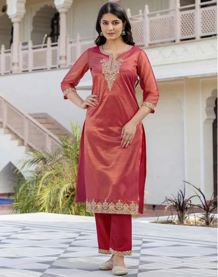 Skylee Shimmer Net Embroidered Straight 3 Piece Kurta Set For Woman