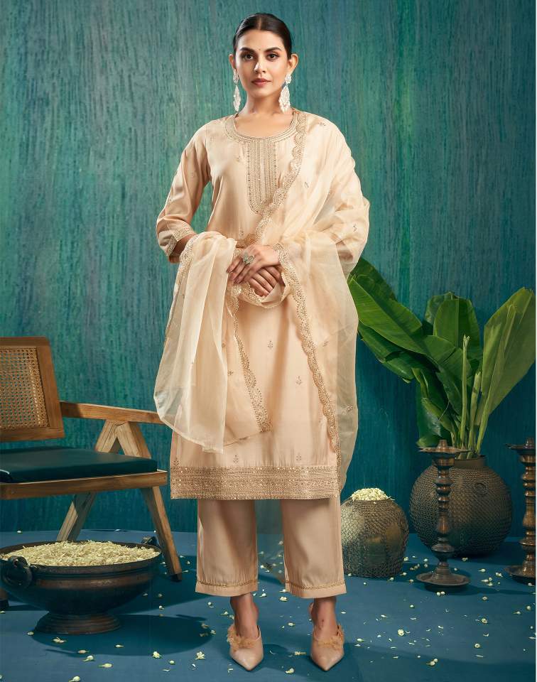 Beige Silk Sequence Round Neck 3/4 Sleeve Straight Kurta Set With Pant & Dupatta