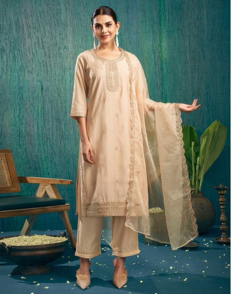 Beige Silk Sequence Round Neck 3/4 Sleeve Straight Kurta Set With Pant & Dupatta