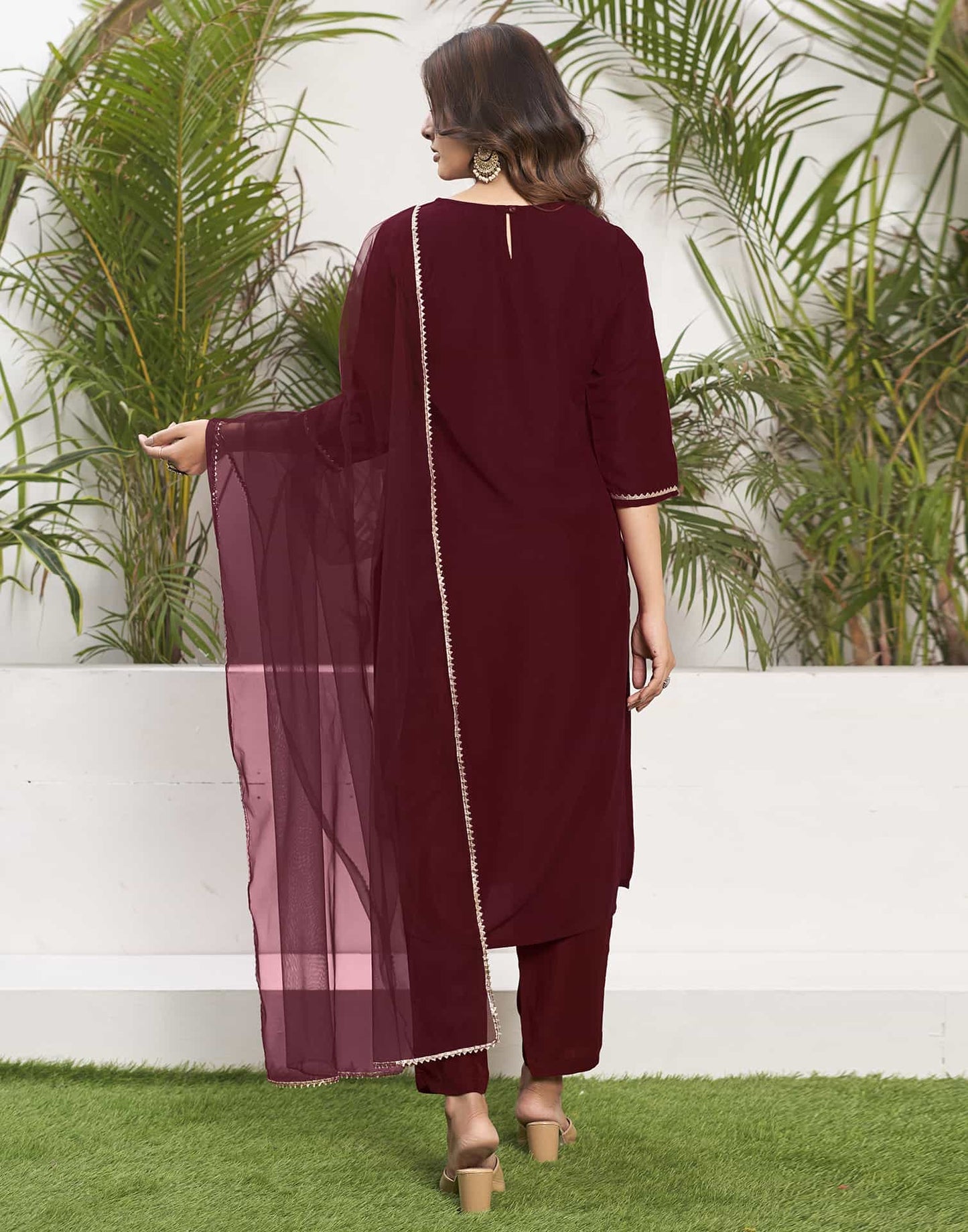 Silk Blend Dyed, Embroidery and Gota Lace Straight Kurta with Pant & Dupatta