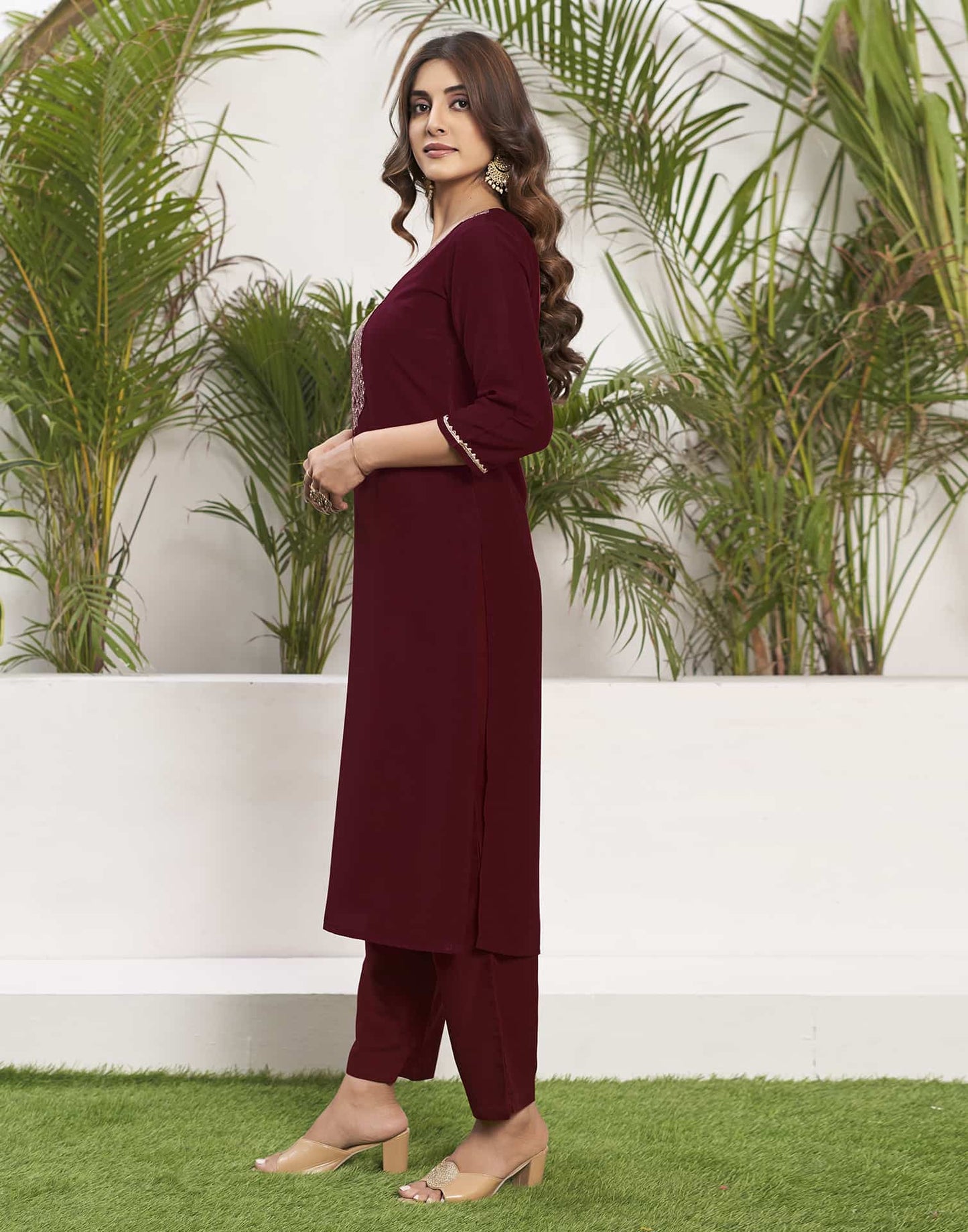 Silk Blend Dyed, Embroidery and Gota Lace Straight Kurta with Pant & Dupatta
