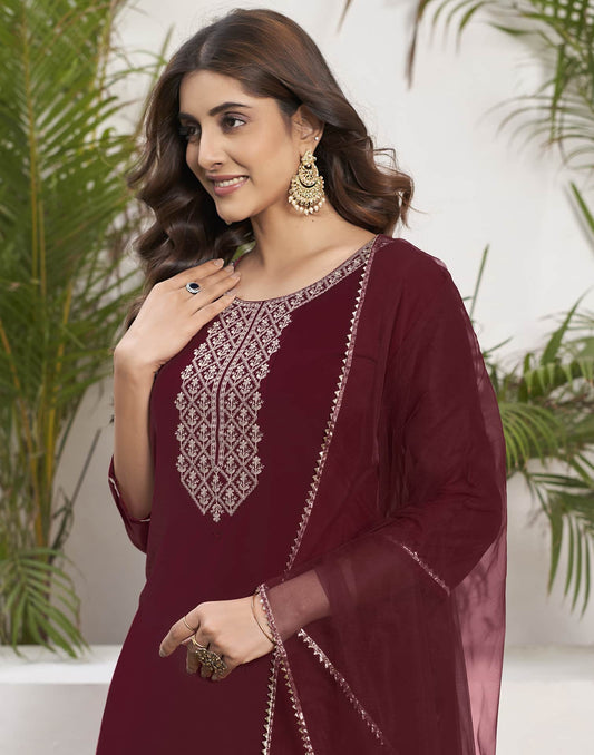 Silk Blend Dyed, Embroidery and Gota Lace Straight Kurta with Pant & Dupatta