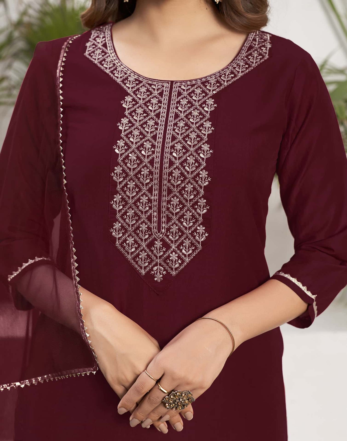 Silk Blend Dyed, Embroidery and Gota Lace Straight Kurta with Pant & Dupatta
