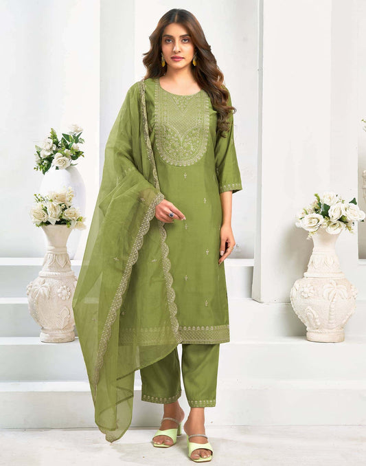 Chanderi Dyed, Embroidery and Embroidery Lace Straight Kurta with Pant & Dupatta