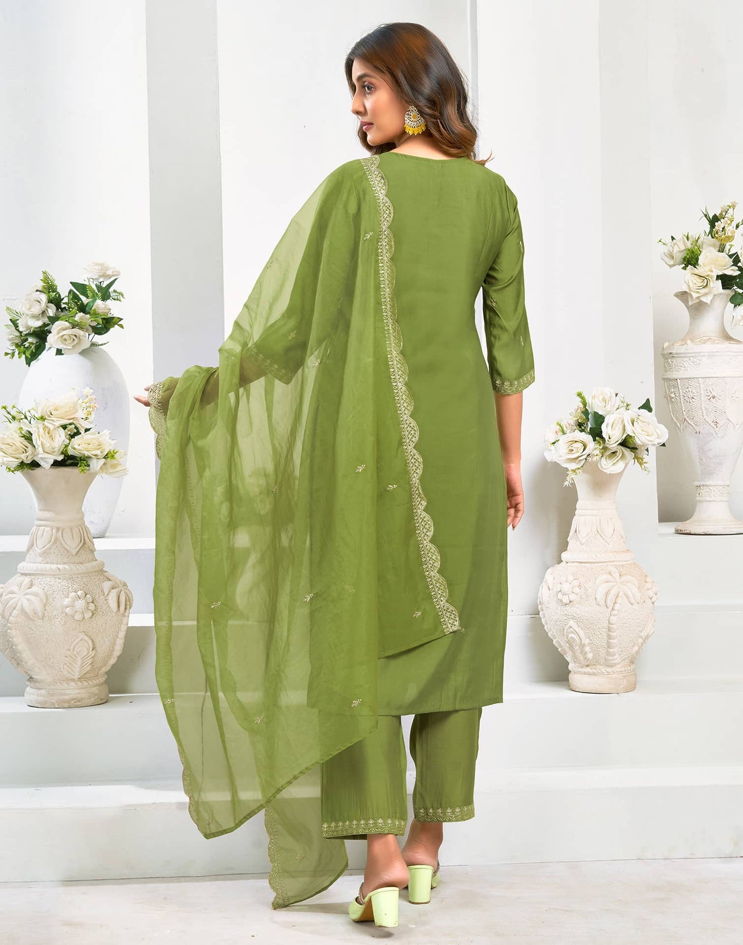 Chanderi Dyed, Embroidery and Embroidery Lace Straight Kurta with Pant & Dupatta