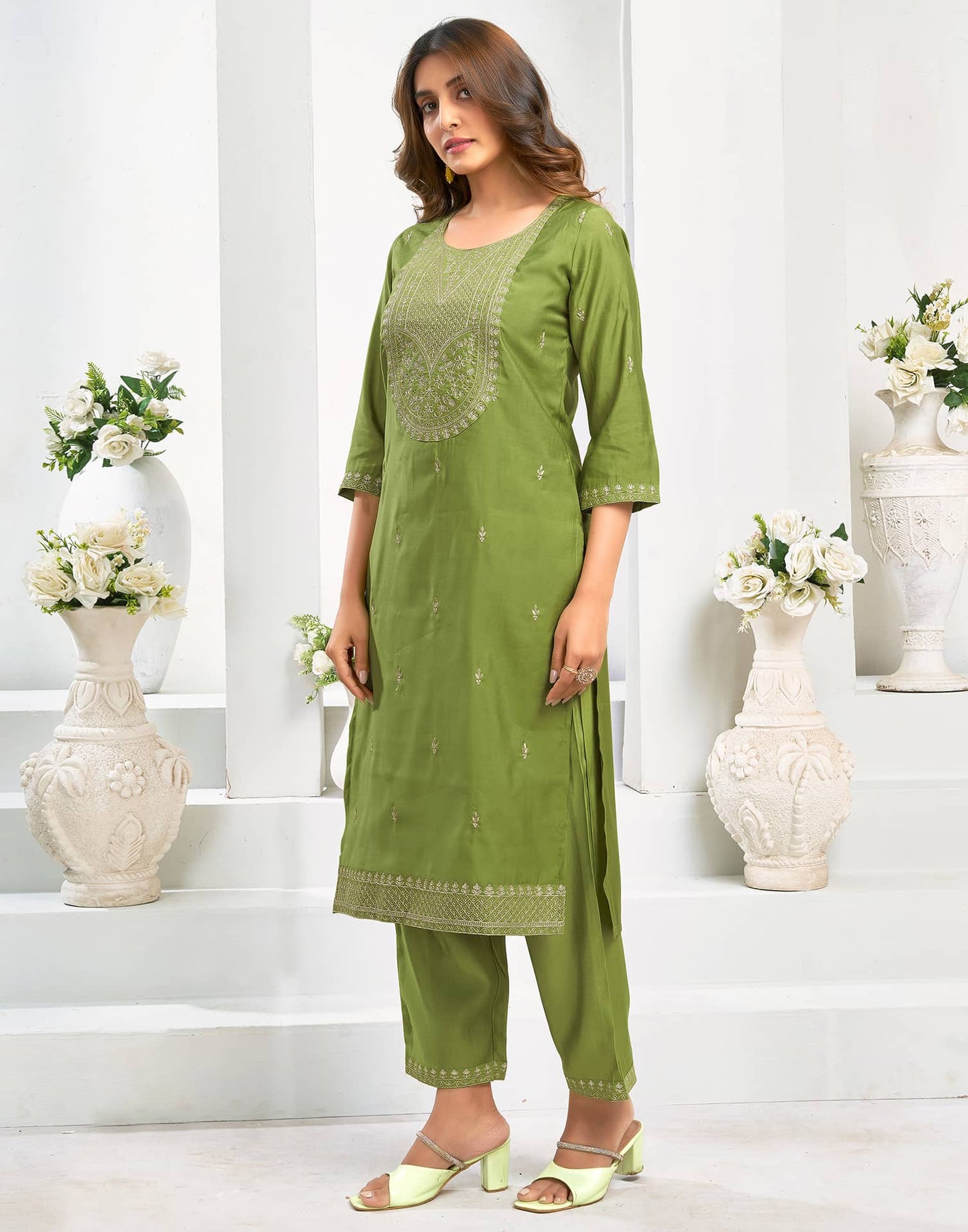 Chanderi Dyed, Embroidery and Embroidery Lace Straight Kurta with Pant & Dupatta