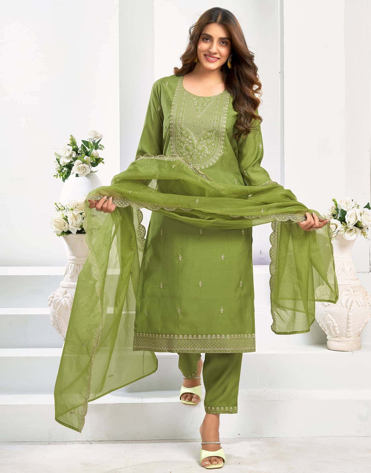 Chanderi Dyed, Embroidery and Embroidery Lace Straight Kurta with Pant & Dupatta