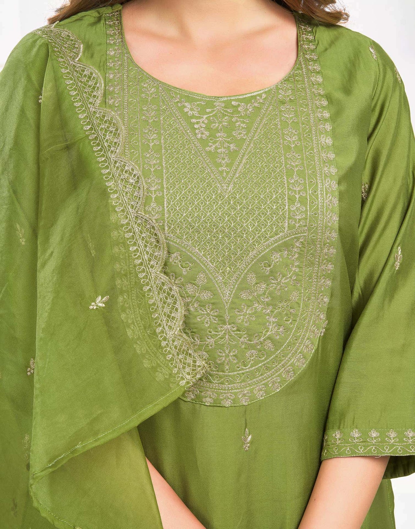 Chanderi Dyed, Embroidery and Embroidery Lace Straight Kurta with Pant & Dupatta
