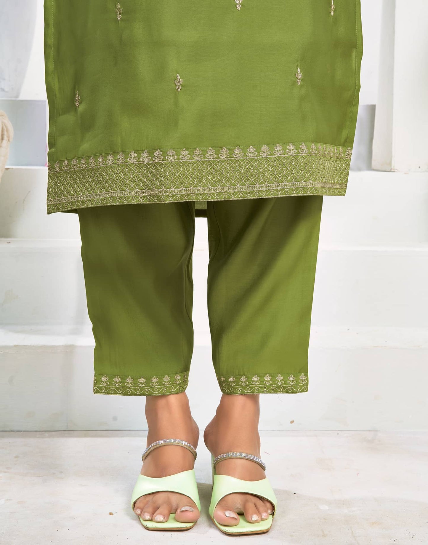 Chanderi Dyed, Embroidery and Embroidery Lace Straight Kurta with Pant & Dupatta