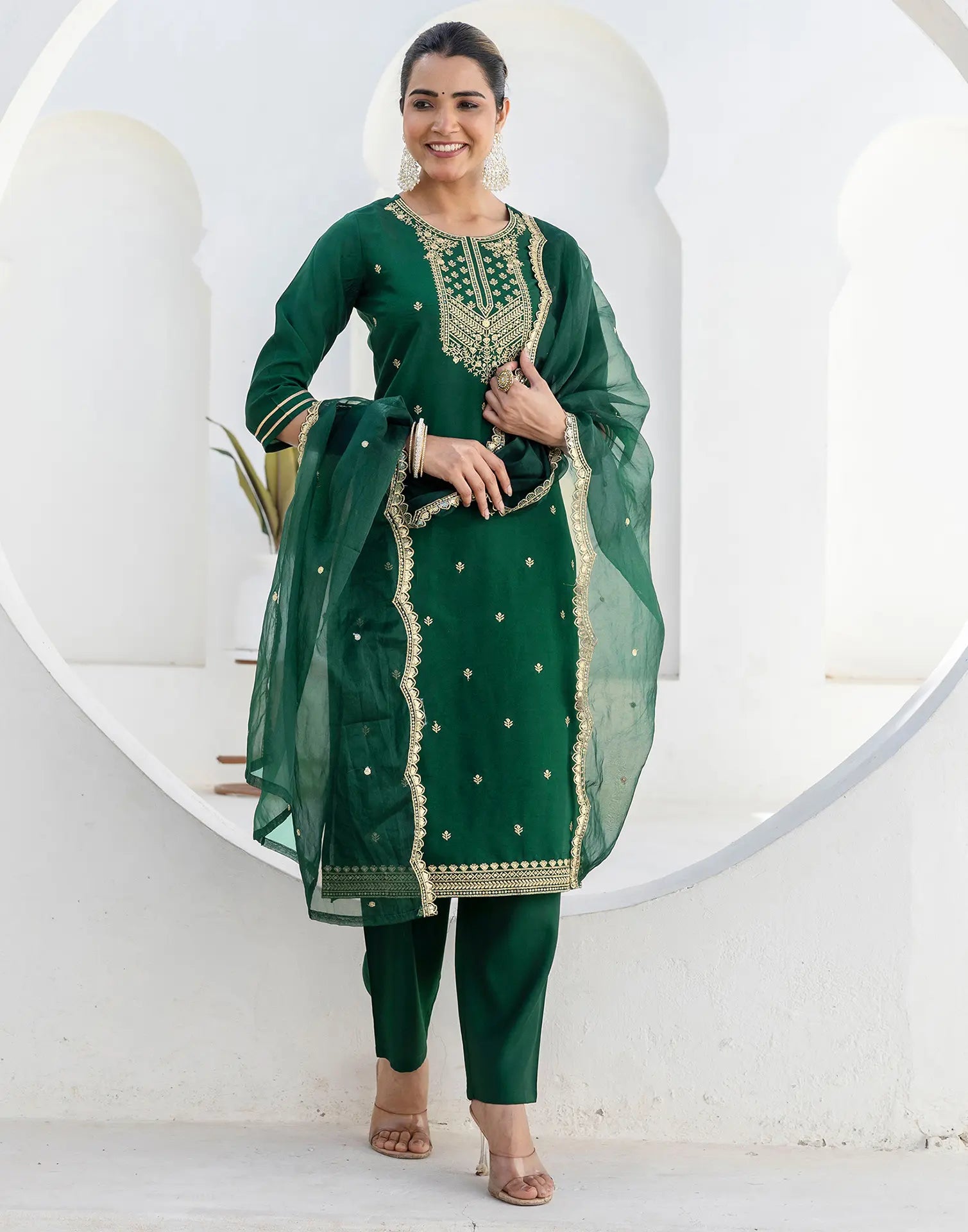 Poly Chinnon Embroidered Straight 3 Piece Kurta Set