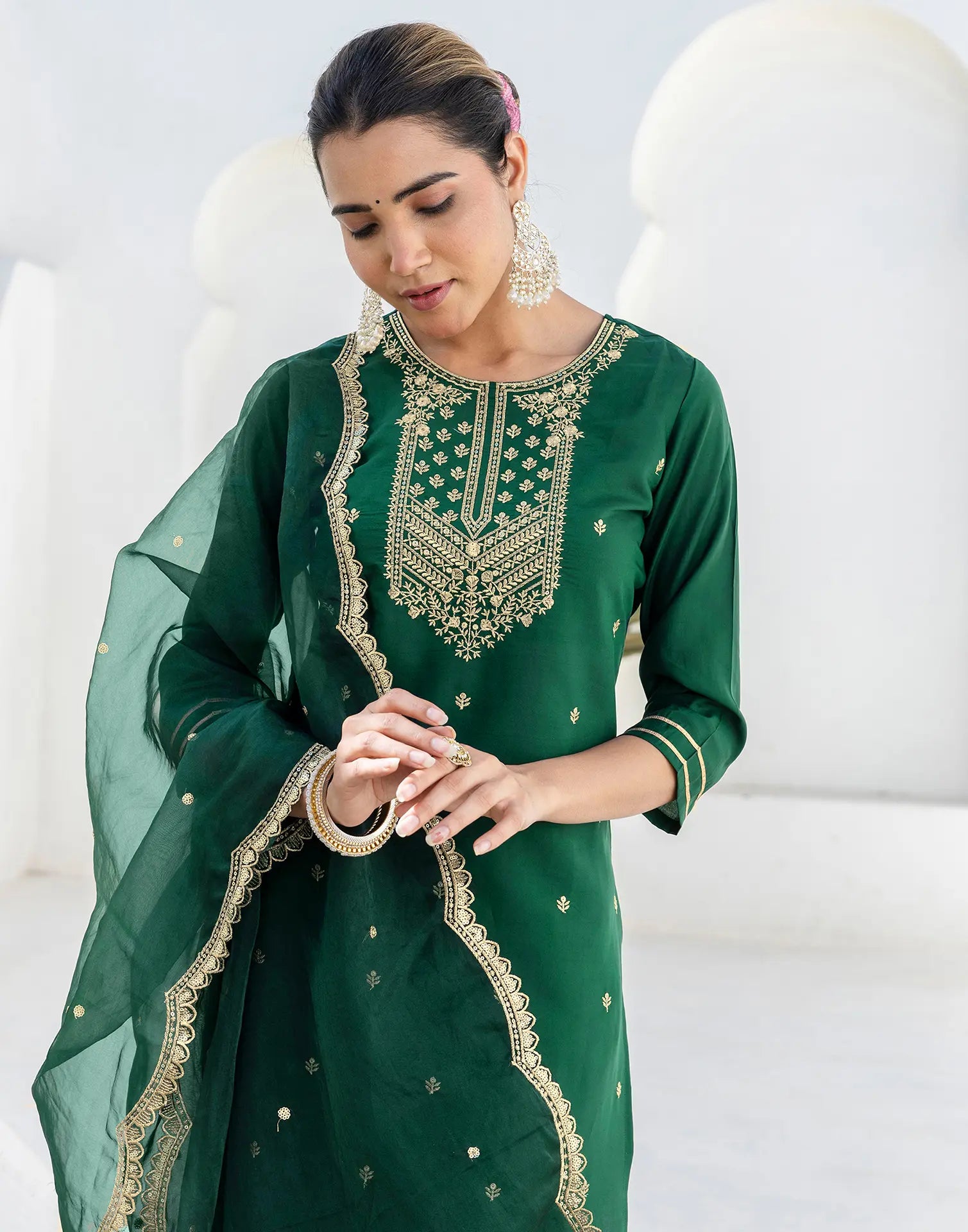 Poly Chinnon Embroidered Straight 3 Piece Kurta Set