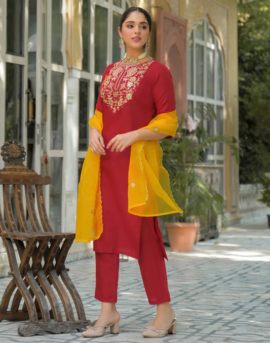 Rayon Embroidered Round Neck Straight Kurta with Pant & Dupatta