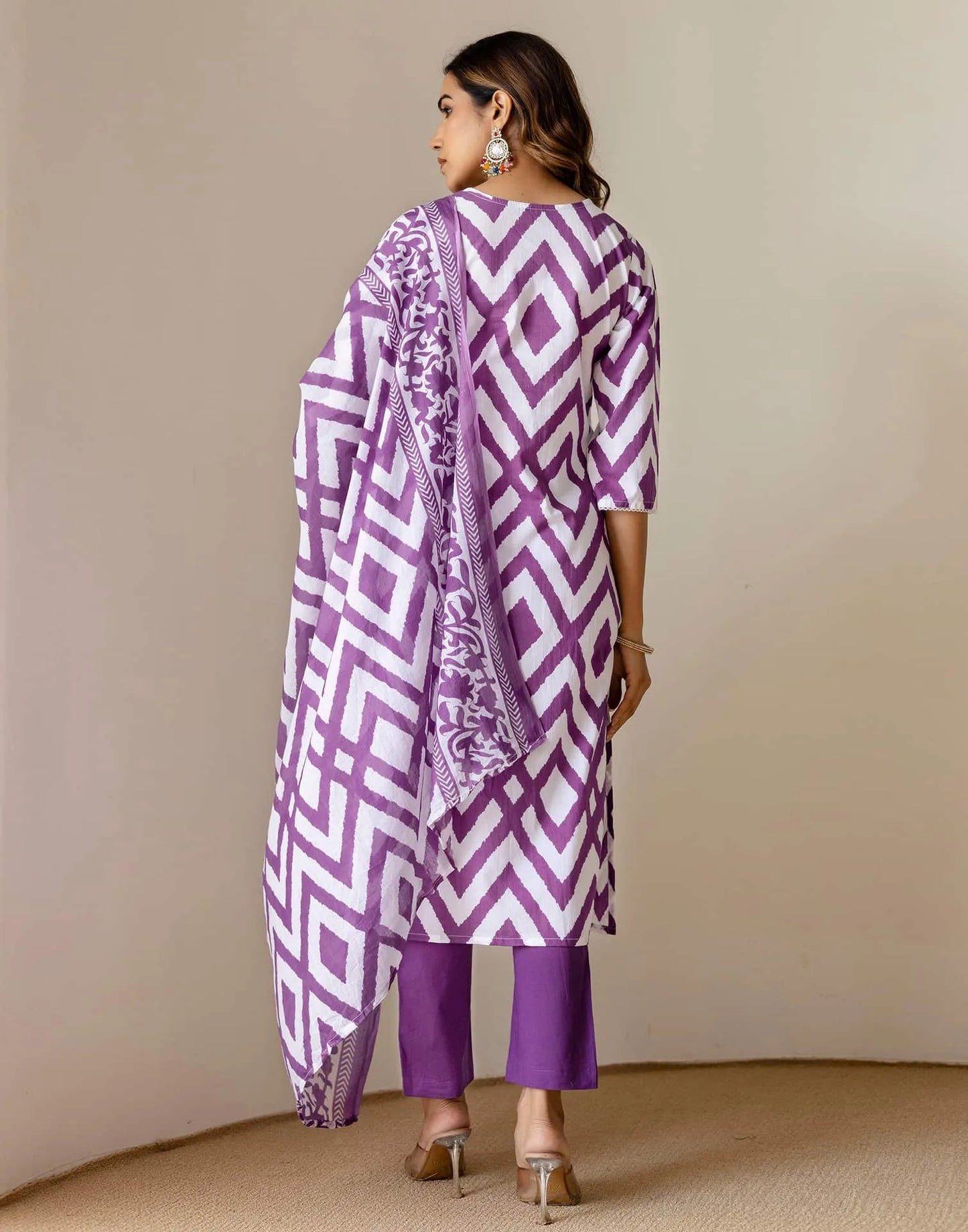 Cotton Straight Printed V-Neck Kurta with Pant & Dupatta