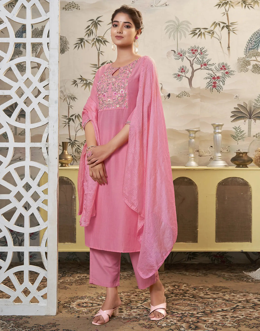 Poly Chinnon Embroidered Straight 3 Piece Kurta Set