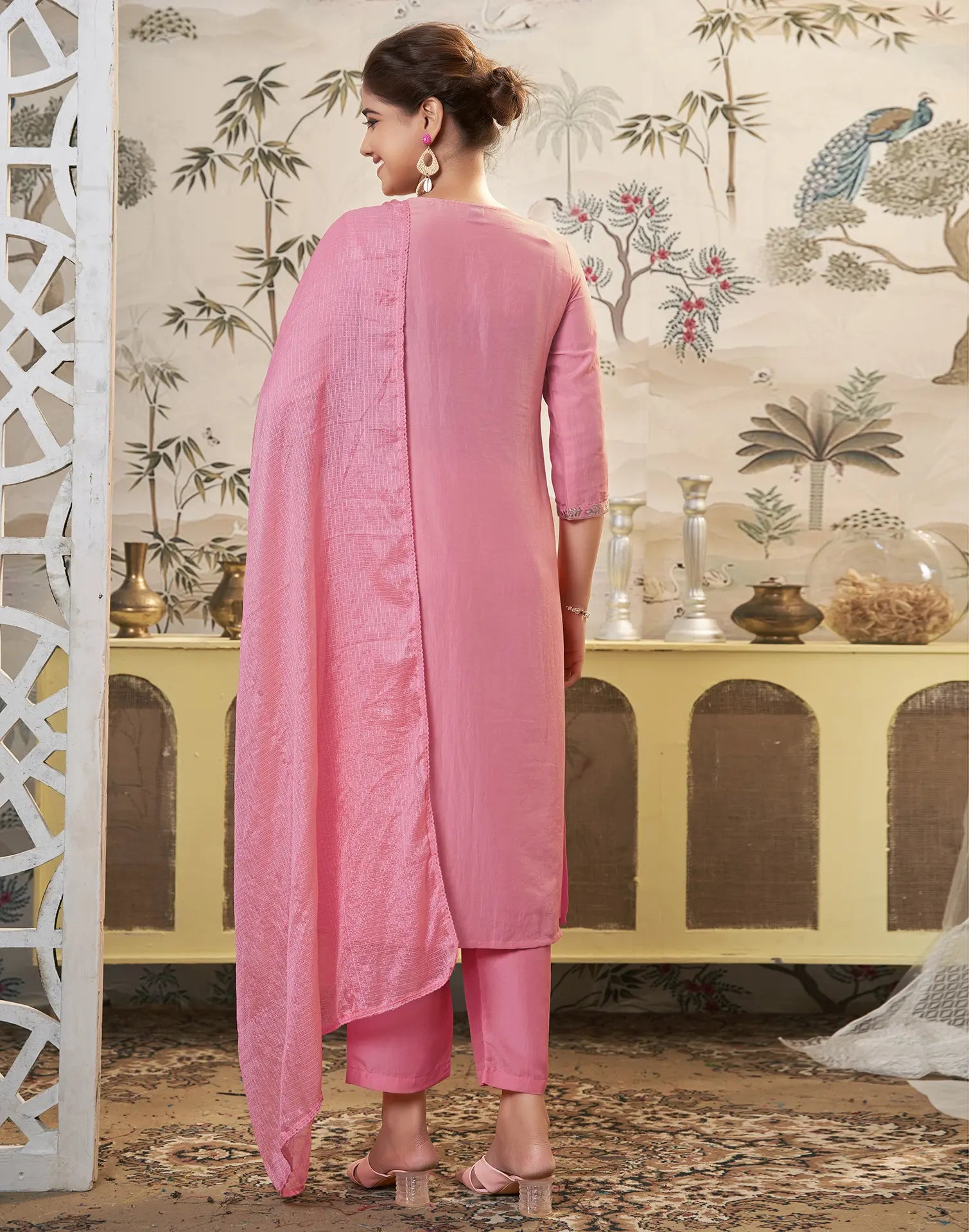 Poly Chinnon Embroidered Straight 3 Piece Kurta Set
