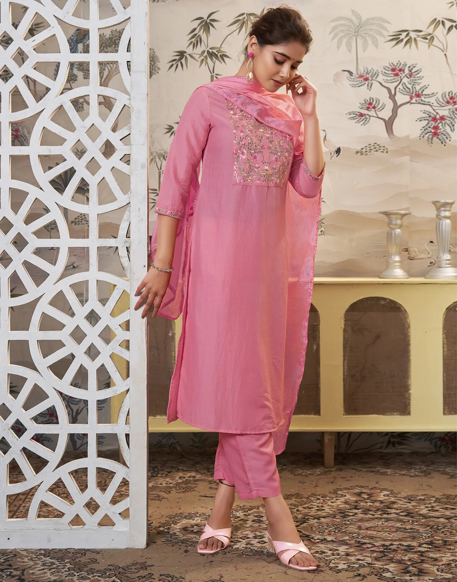 Poly Chinnon Embroidered Straight 3 Piece Kurta Set