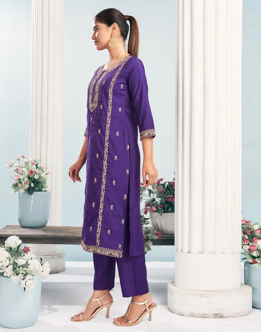 Silk Blend Embroidered Straight 3 Piece Kurta Set