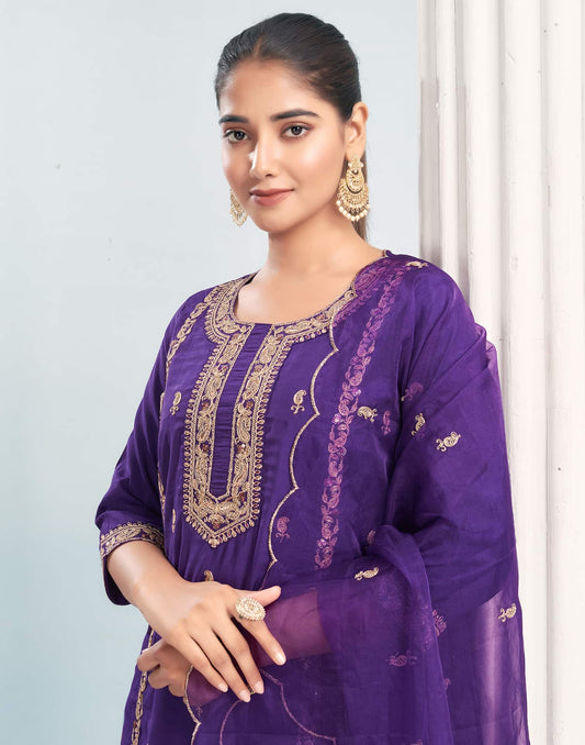 Silk Blend Embroidered Straight Kurta with Pant & Dupatta