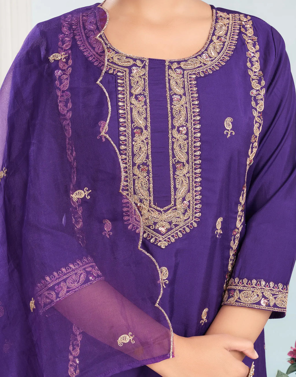 Silk Blend Embroidered Straight 3 Piece Kurta Set