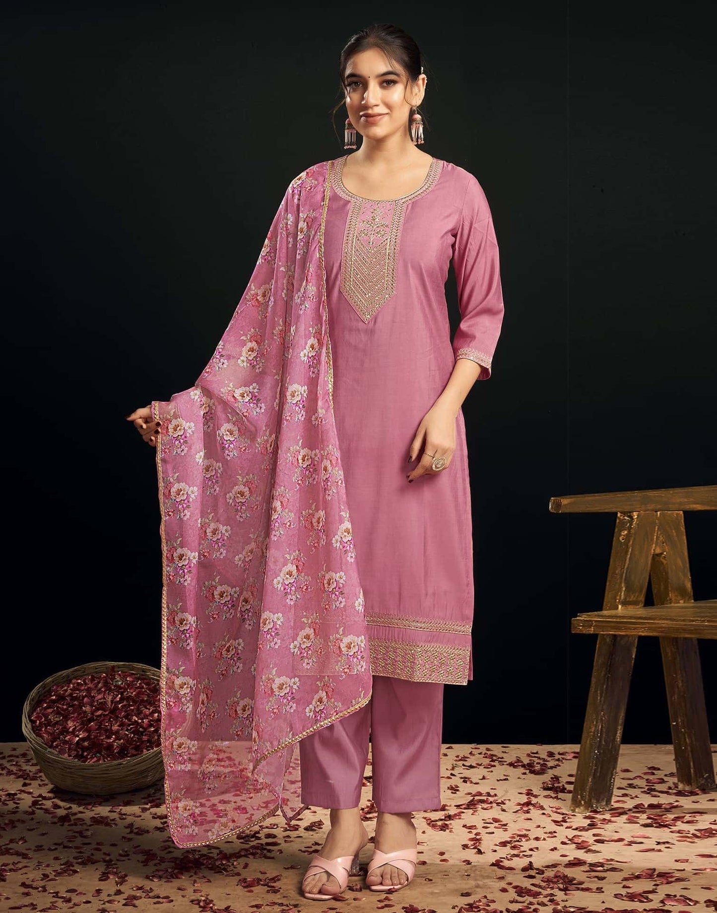Chanderi Dyed, Sequence and Embroidery Work Straight Kurta with Pant & Dupatta