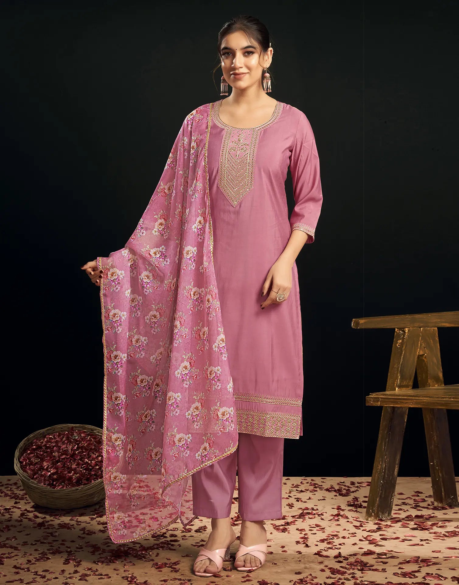 Silk Blend Embroidered Straight 3 Piece Kurta Set