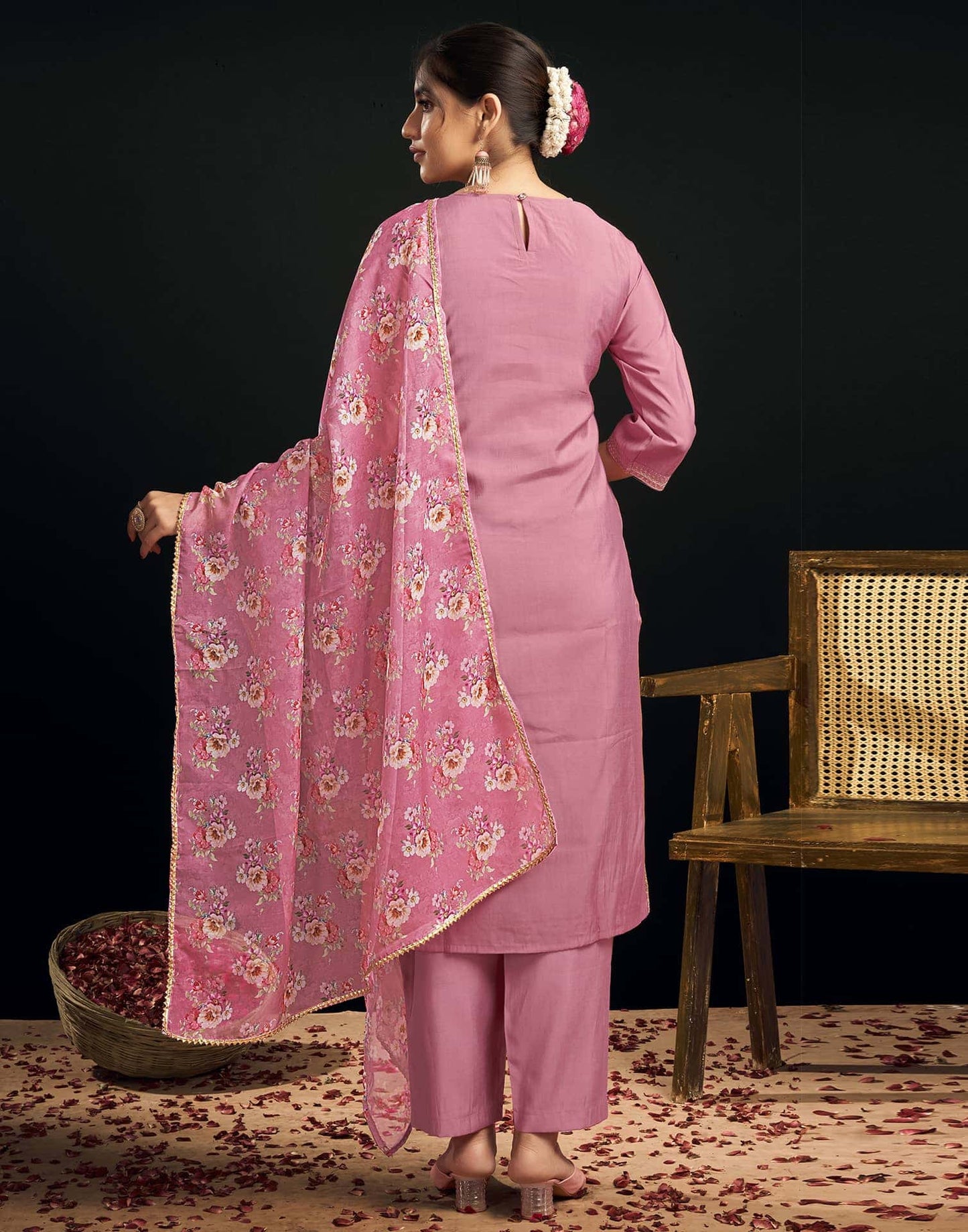 Chanderi Dyed, Sequence and Embroidery Work Straight Kurta with Pant & Dupatta