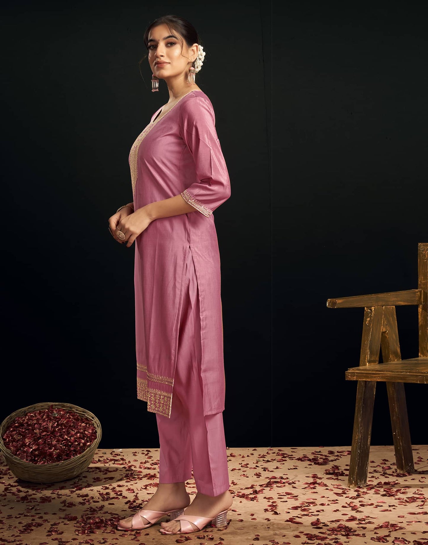 Chanderi Dyed, Sequence and Embroidery Work Straight Kurta with Pant & Dupatta
