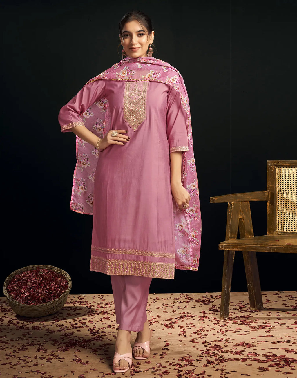 Silk Blend Embroidered Straight 3 Piece Kurta Set