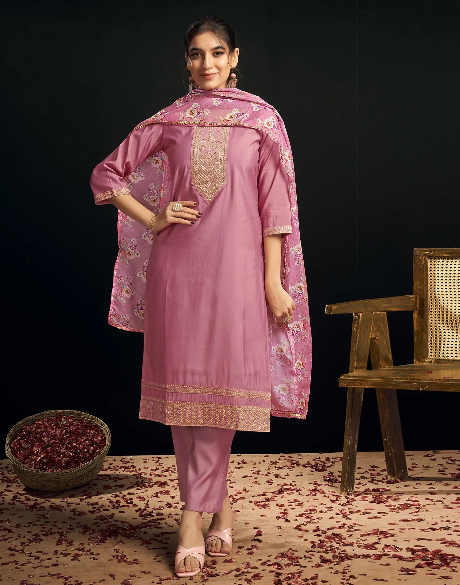 Silk Blend Embroidered Straight 3 Piece Kurta Set