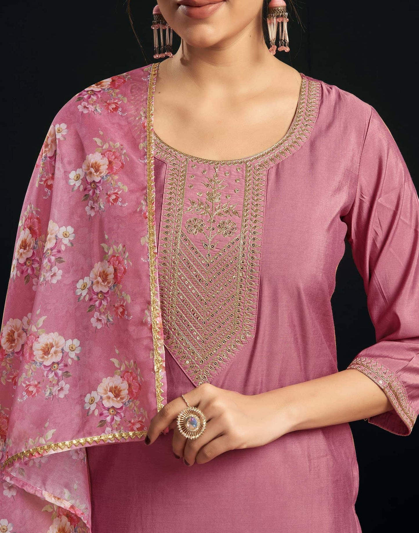 Chanderi Dyed, Sequence and Embroidery Work Straight Kurta with Pant & Dupatta