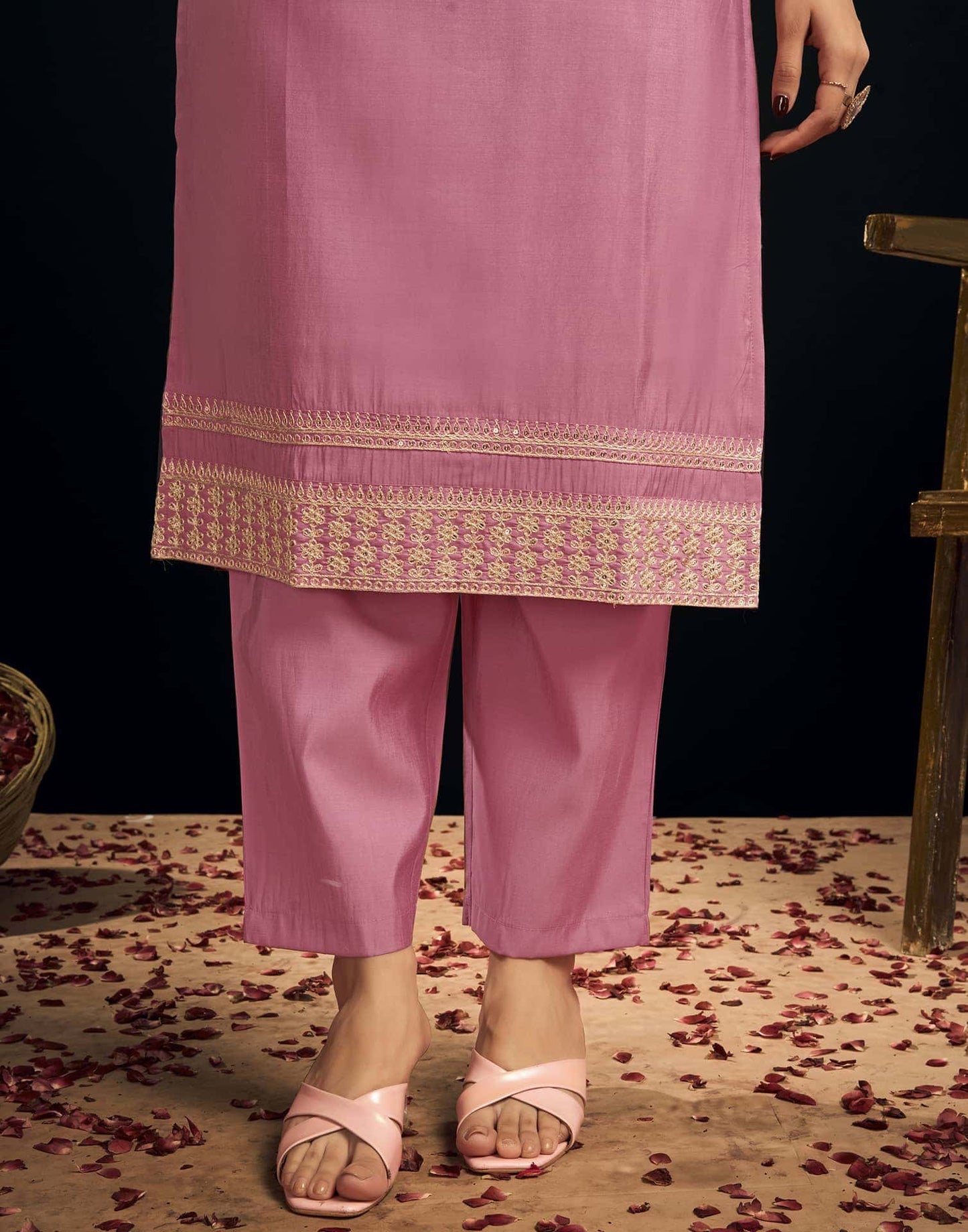 Chanderi Dyed, Sequence and Embroidery Work Straight Kurta with Pant & Dupatta