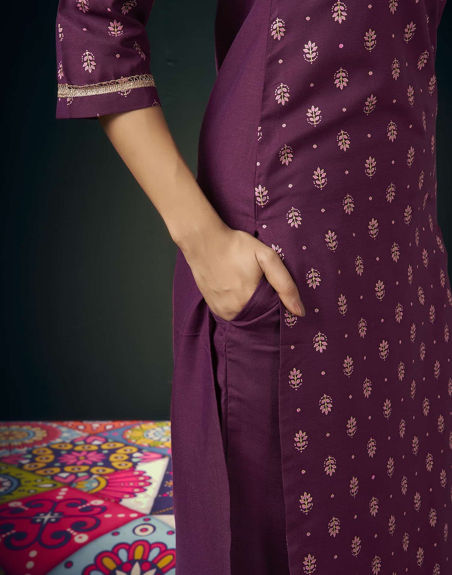 Cotton Blend Printed Straight Kurta with Pant & Dupatta